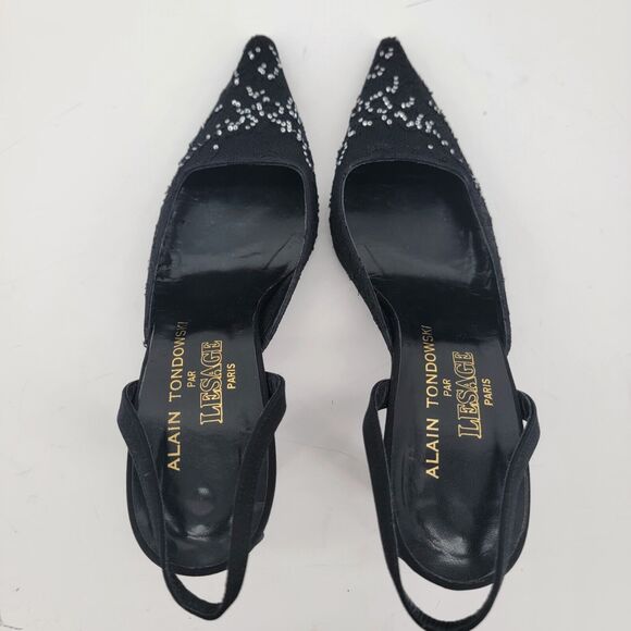 Alain Tondowski Size 6.5 Sequin Slingback Kitten Heels Pointed Toe Black Shoes - Picture 5 of 8
